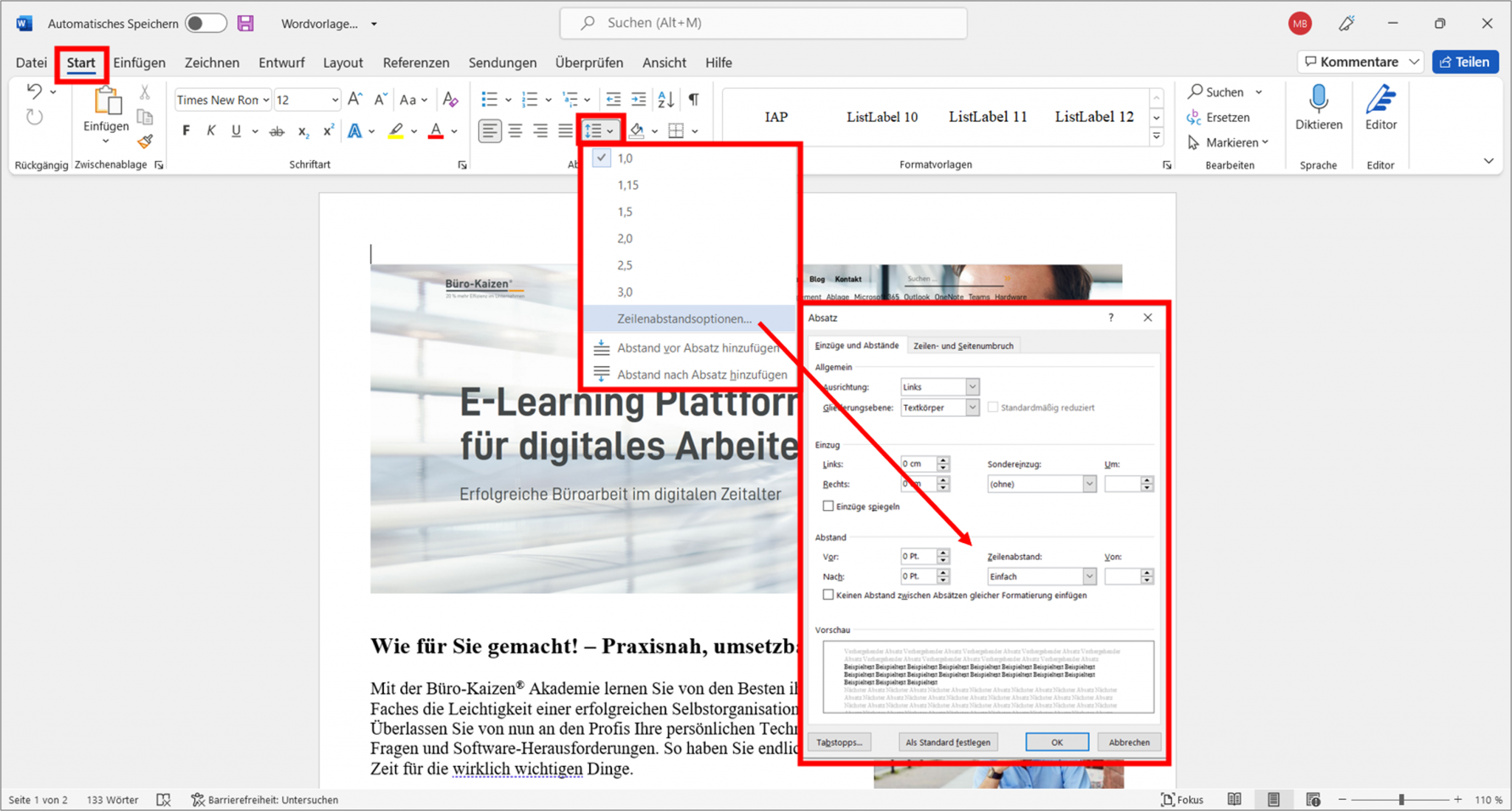Anleitung Den Absatz und Zeilenabstand in Word einstellen