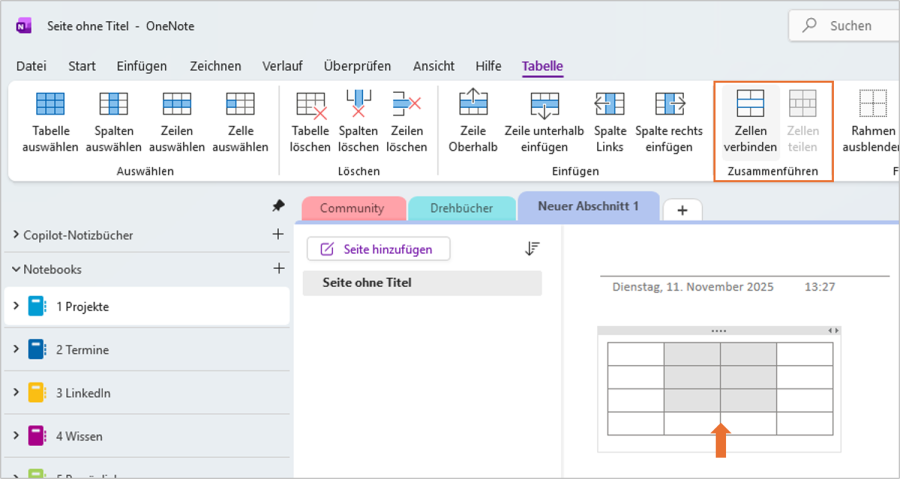 Zellen zusammenführen OneNote