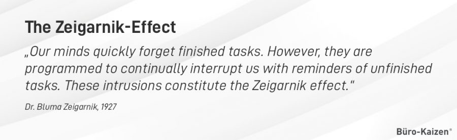 In einem Berliner Café kam Bljuma Zeigarnik auf die Spur des nach ihr benannten Zeigarnik-Effekts. Dabei merkt sich das Gehirn angefangen Aufgaben deutlich besser als bereits erledigte Aufgaben.