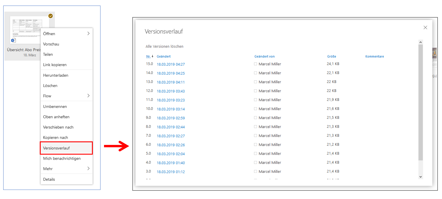 Der Versionsverlauf in SharePoint Alte Versionen wiederherstellen